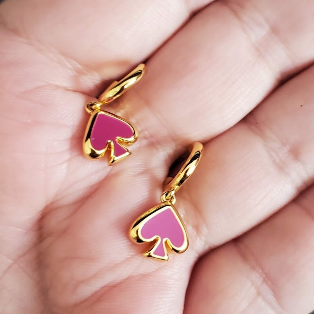 Kate Spade Everyday Spade Huggie Hoop Dangle Earrings Pink Enamel Gold‎ NWT - Picture 2 of 7
